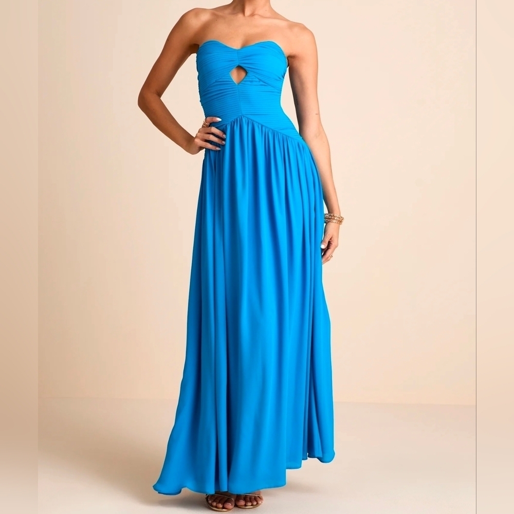 Lulus Rozala Bright Blue Pleated Strapless Maxi Dress